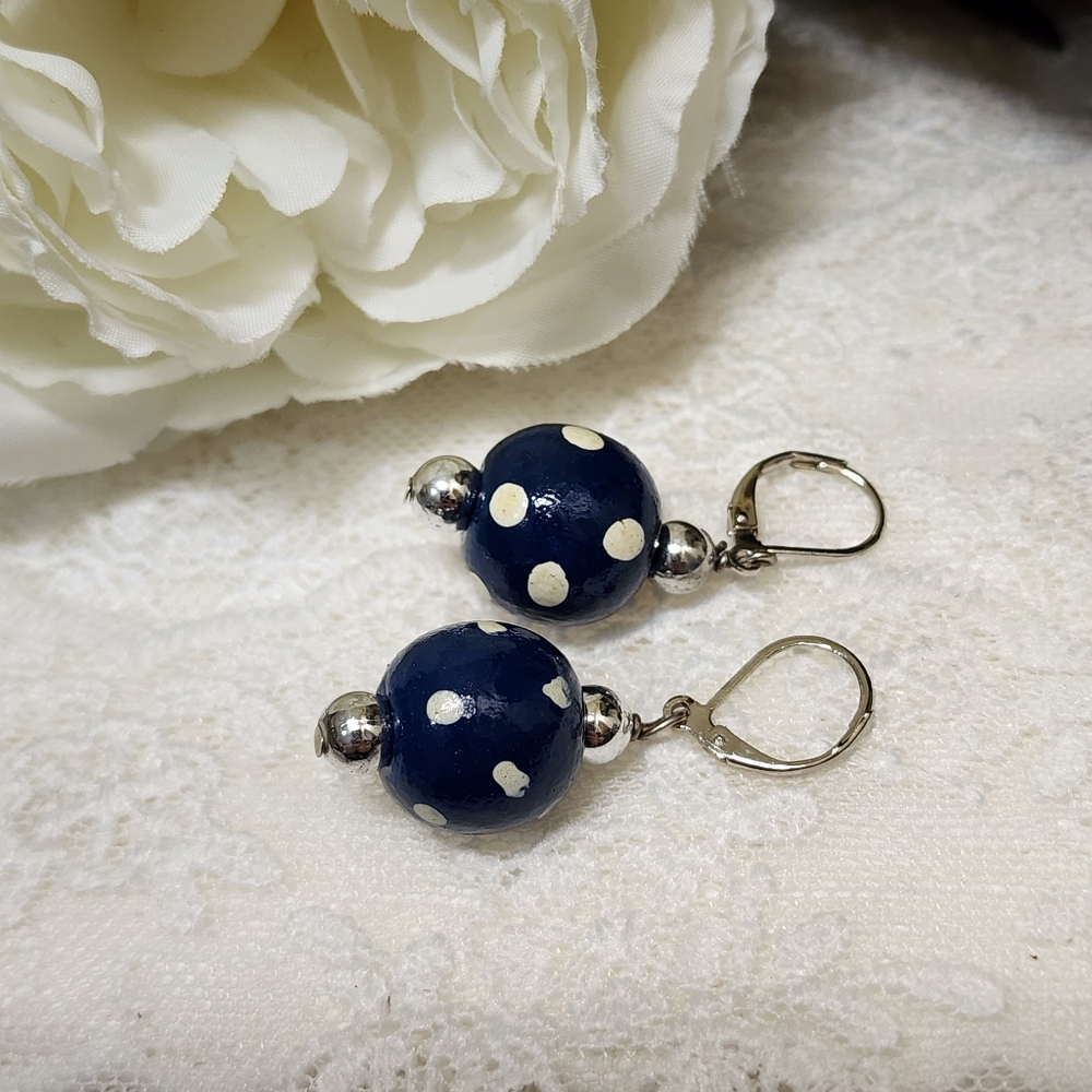 Vintage Blue and White Polka Dot Lever Back Earrings - Picture 3 of 6